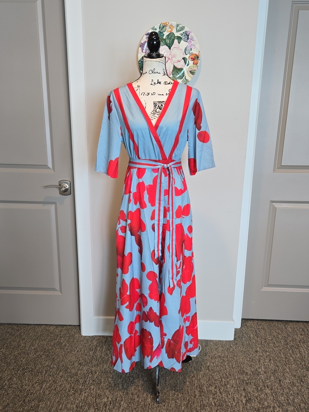 Light Blue Wrap Maxi Dress with Red Floral Print